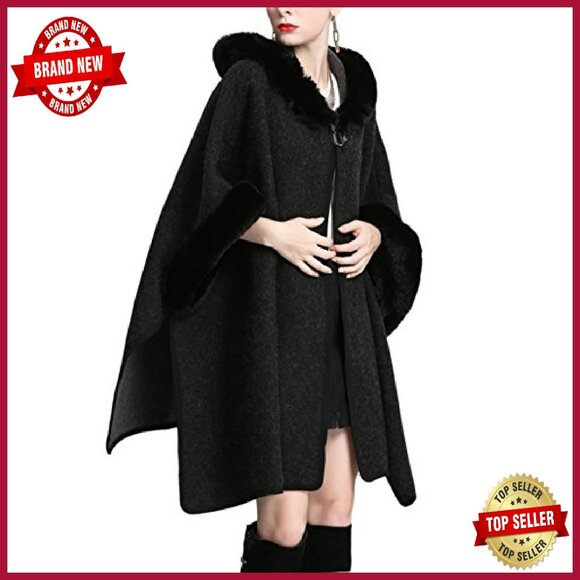 Luxury Batwing Sleeve Faux Fur Hooded Cloak Poncho Sweater Cape - Picture 4 of 8
